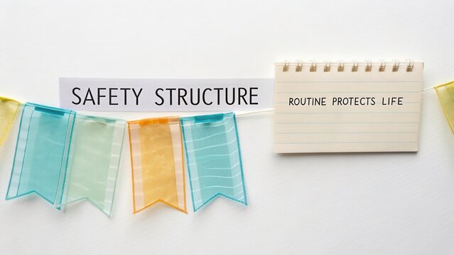 Colorful safety structure banner with notebook highlighting the importance of routine for safety and life protection in daily activities