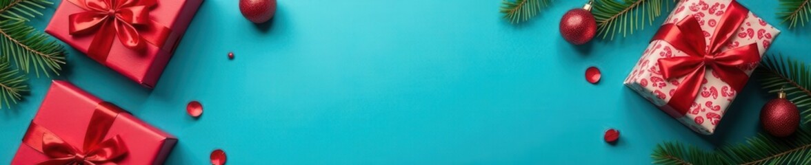 Blue backdrop, Christmas gifts, festive flatlay, New Year's vibe , gift box, wrapping, december