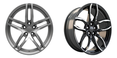 Two stylish car wheels displayed, one from the front and the other from a side angle, showcasing a detailed design