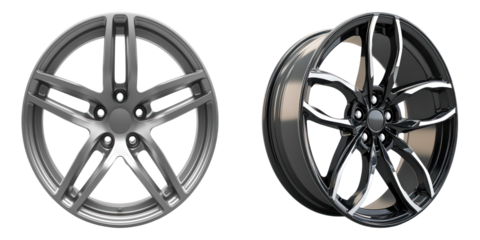 Two stylish car wheels displayed, one from the front and the other from a side angle, showcasing a detailed design