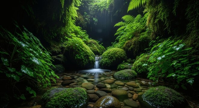 Lush green moss and ferns cover rocks near a small waterfall in forest - Powered by Adobe