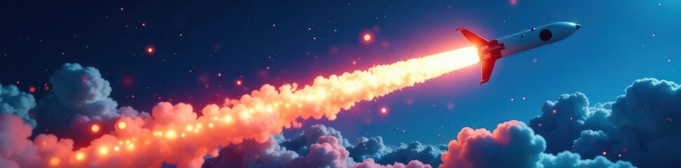 Fototapeta premium Missile launch trail streaks across vibrant blue, trail, scene