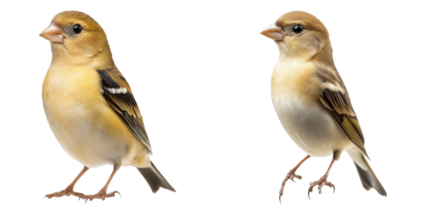 Two charming birds stand side by side, showcasing their unique colors and features. They both are perched with their heads turned to the side, facing opposite directions