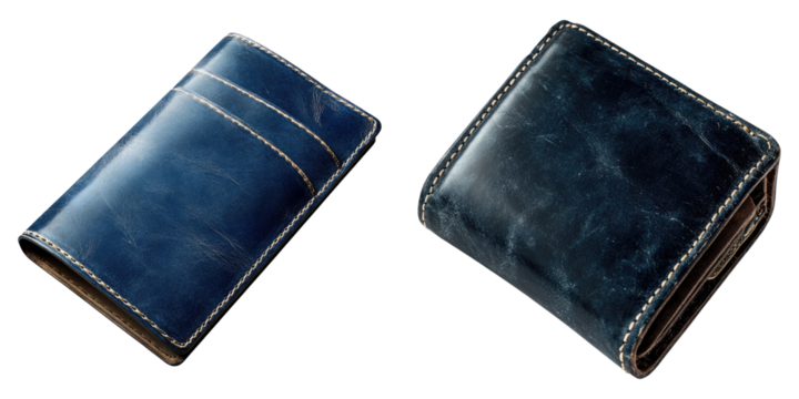 Two stylish leather wallets with a focus on design and material quality. The wallets are presented in a visually appealing way