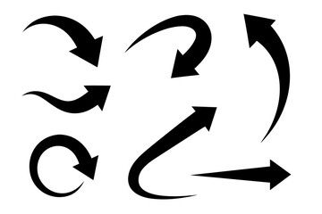 Set of curved arrow icons — black vector arrows with smooth flowing shapes and rounded tips, isolated on white background, ideal for direction symbols, infographic elements, navigation graphics, 