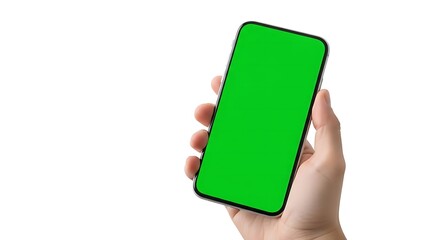 Hand Holding Phone with Green Screen Display for App or Website Mockups