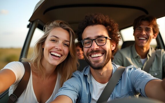 Phone selfie, friendship and car road trip or nature safari holiday travel in Africa together happy for adventure. Mobile photography of excited men, women or young group of people on summer vacation - Powered by Adobe