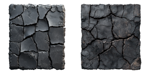 Two square, black tiles, showcasing a unique cracked pattern on the surface, evoking a sense of texture and age.