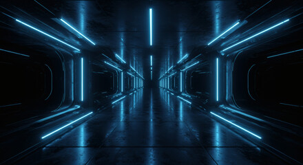 Futuristic neon tunnel glowing with vibrant blue light, a dark, sleek, modern sci fi corridor leading to the unknown.