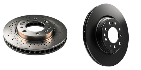 Two high-performance brake rotors side by side, highlighting automotive engineering and design. The intricate details of each rotor are clearly visible. 
