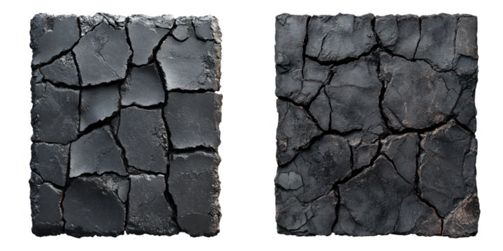 Two square, black tiles, showcasing a unique cracked pattern on the surface, evoking a sense of texture and age. - Powered by Adobe