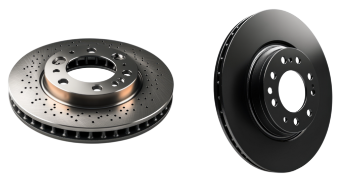 Two high-performance brake rotors side by side, highlighting automotive engineering and design. The intricate details of each rotor are clearly visible. 