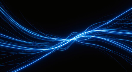Dynamic glowing blue light trails flow across a dark void, representing speed, data, and futuristic energy concepts.