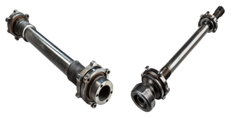 Two metallic car axles, essential components of a vehicle's drivetrain, are displayed against an isolated background. They exhibit a robust design, hinting at strength and durability