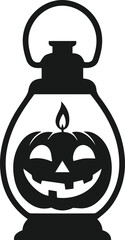 Pumpkin Candle Silhouette Vector. Scary Jack O’Lantern Face with Burning Candle Inside. Black and White Spooky Halloween