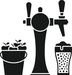 Beer Tap and Cider Bucket Silhouette, Black and White Vector of Draft Beer Dispenser, Fresh Apple Cider, and Pint Glass for Pub, Brewery, and Bar Design