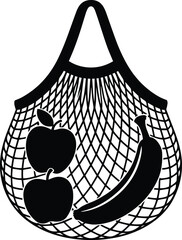 Eco Mesh Grocery Bag Silhouette with Fruits. Black and White Vector of Reusable Shopping Net with Banana and Apples for Zero Waste and Sustainable Living Design.