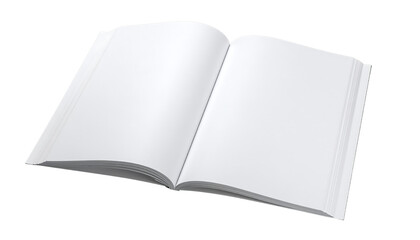 Open book with blank white pages, showing the inside spread, diagonally angled, isolated cutout
