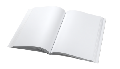 Open book with blank white pages, showing the inside spread, diagonally angled, isolated cutout