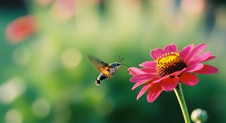 Fototapeta premium Hummingbird Moth Feeding on a Vibrant Pink Zinnia Flower in a Sunlit Garden.