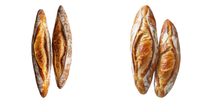 Two pairs of freshly baked baguettes, a culinary delight. The crust is golden brown, a visual treat.