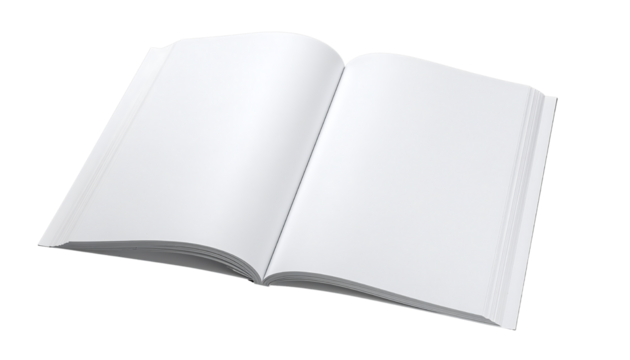 Open book with blank white pages, showing the inside spread, diagonally angled, isolated cutout