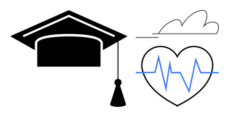 Obraz premium Graduation cap, heartbeat within heart shape, and cloud line symbolize knowledge, health, and inspiration. Ideal for education, wellness, growth, goals motivation opportunity simple flat metaphor