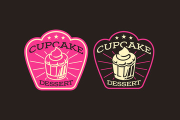 Cupcake sweet pastry retro badge logo design set for bake shop. Muffin creamy dessert vintage emblem element design pack for bakery. Frosted baked treat pastry patch vector illustration set for cafes