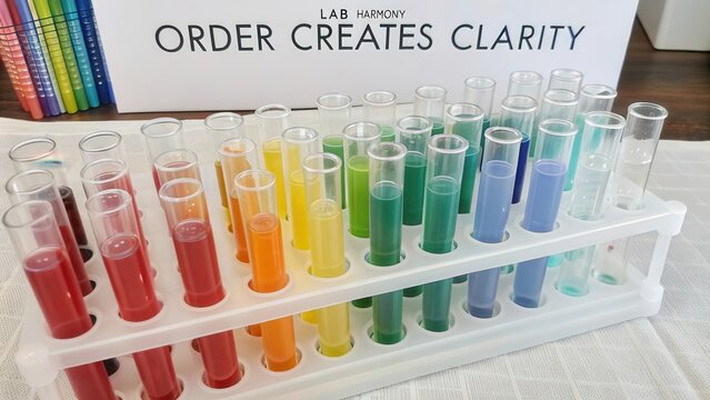 Laboratory Test Tubes Organized in a Rack with Colorful Liquids for Scientific Experiments and Chemical Analysis