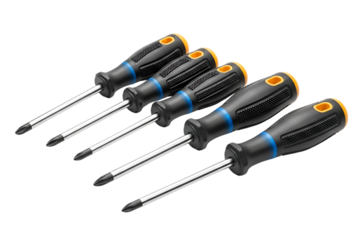 Set of five black handled screwdrivers on a black background