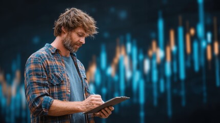 A male investor in casual attire reviews data on a clipboard against a glowing digital price chart. Modern trading and financial analysis