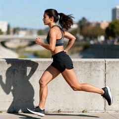 Obraz premium A young athletic woman running outdoors in the city under bright sunlight, representing fitness, motivation, strength, and the healthy energy of an active lifestyle in motion and determination.