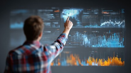 An analyst closely examines detailed charts and graphs on a large digital screen, carefully pinpointing real-time trends and interpreting key data insights to support informed decision-making