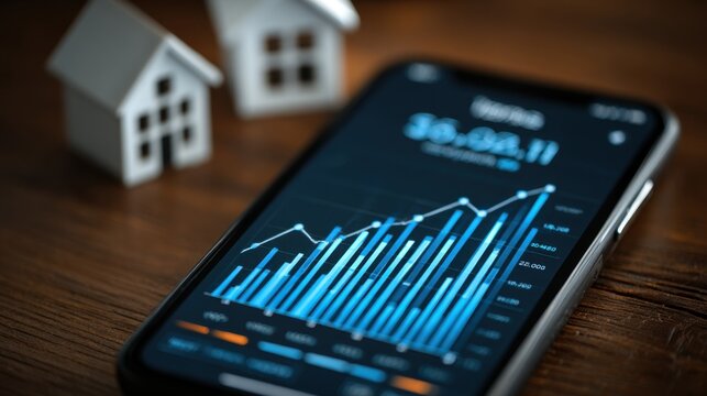 A smartphone screen displays financial analytics and stock market charts. Concept of modern investment tracking and real estate asset management at your fingertips