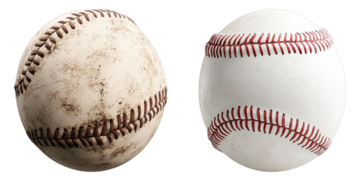 Two baseballs, one worn, the other new, side by side