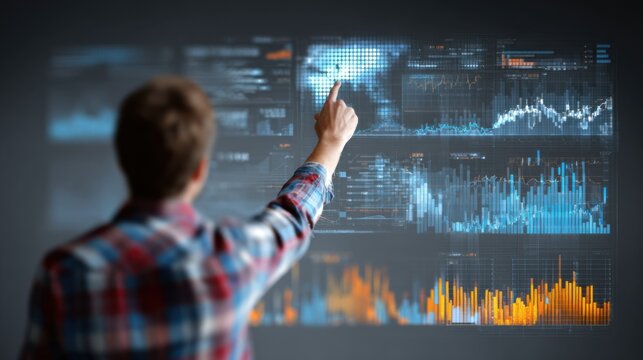 An analyst closely examines detailed charts and graphs on a large digital screen, carefully pinpointing real-time trends and interpreting key data insights to support informed decision-making