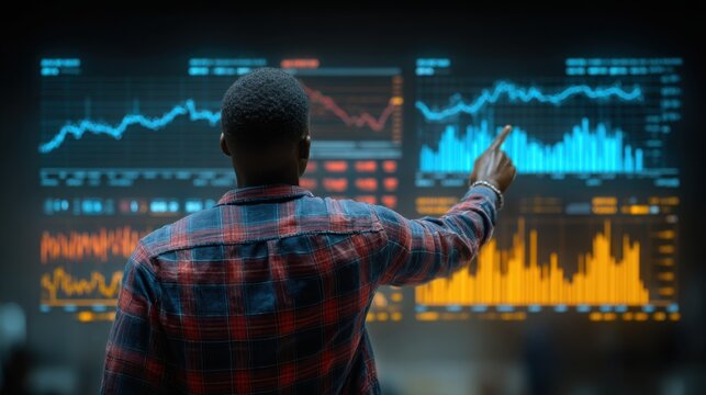 A trader studies fluctuating stock charts and performance graphs on a large digital screen while analyzing real-time market trends