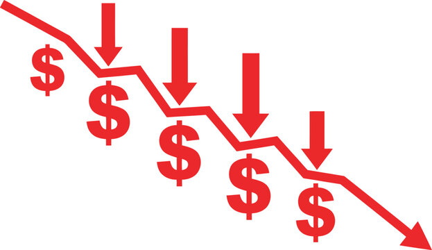 Vector illustration of a financial crisis with a red downward arrow graph and dollar signs representing economic recession and loss