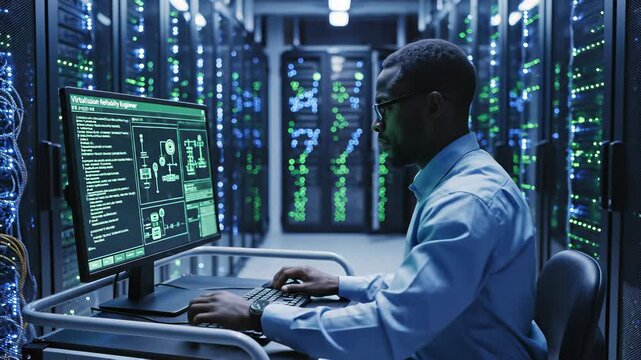 Data center operations expert efficiently processes information in a well lit server room, showcasing technical expertise and behind the scenes work that drives technological innovation in.