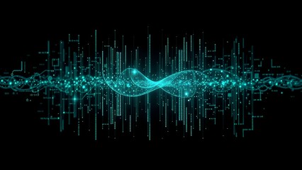 digital abstract waveform curve pattern with glowing teal wave surrounded by vertical lines and particles, dynamic flow of energy