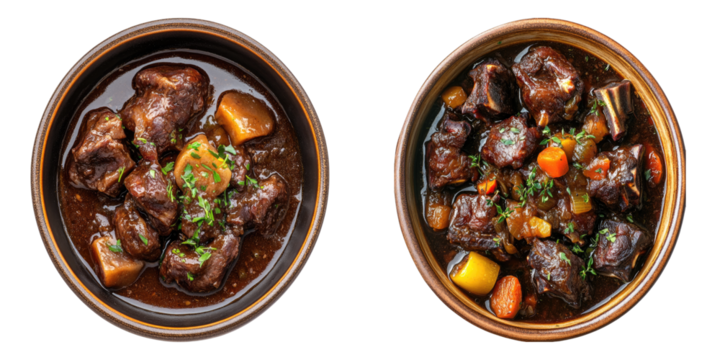 A top-down view of two bowls of rich, hearty stew. The stew is filled with tender meat and various vegetables