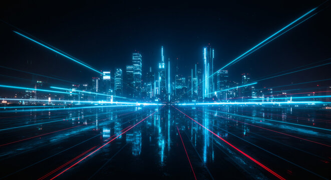 Dynamic futuristic cityscape with vibrant neon light trails reflecting on wet streets, capturing the essence of speed and innovation