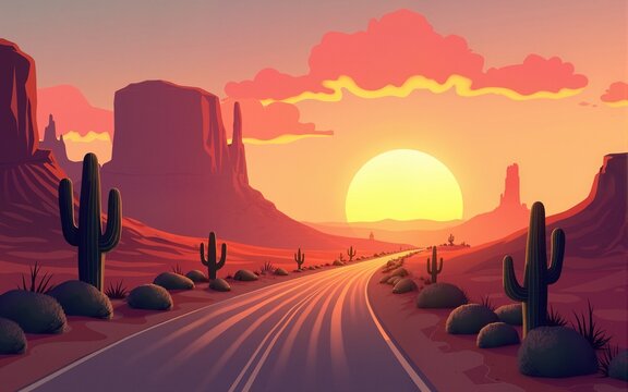scenic desert road trip with cactus and sandstone formations at sunset adventure travel concept digital art. High quality