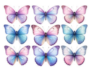 Collection of Pastel Colored Butterflies, Realistic Wing Texture Set, Isolated on Transparent Background 