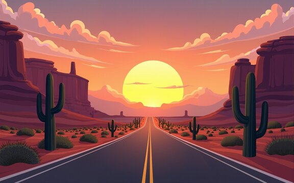 scenic desert road trip with cactus and sandstone formations at sunset adventure travel concept digital art. High quality
