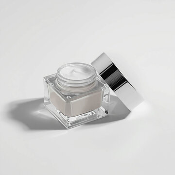Luxury frosted cosmetic cream jar with silver lid on white background 3