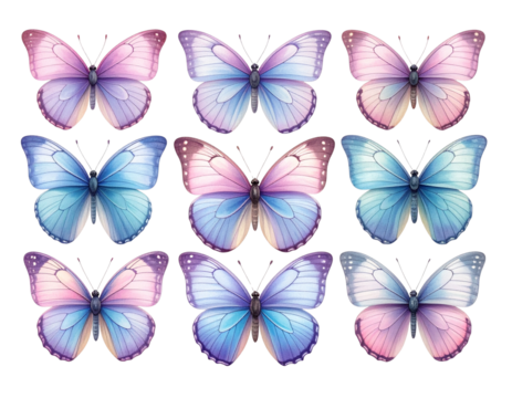  Collection of Pastel Colored Butterflies, Realistic Wing Texture Set, Isolated on Transparent Background 