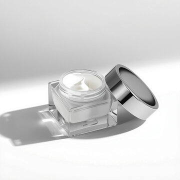Luxury frosted cosmetic cream jar with silver lid on white background 4