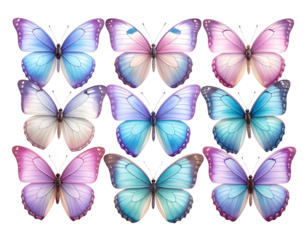  Collection of Pastel Colored Butterflies, Realistic Wing Texture Set, Isolated on Transparent Background