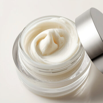 Close-up of luxury white cosmetic cream in clear acrylic jar with silver lid 2